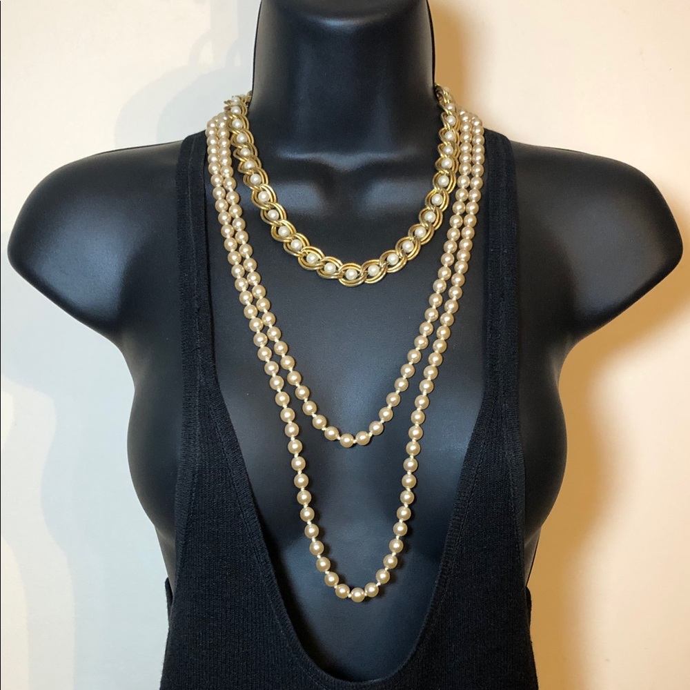 Curated bundle faux pearls layered look necklaces lot 2 vintage retro glam.